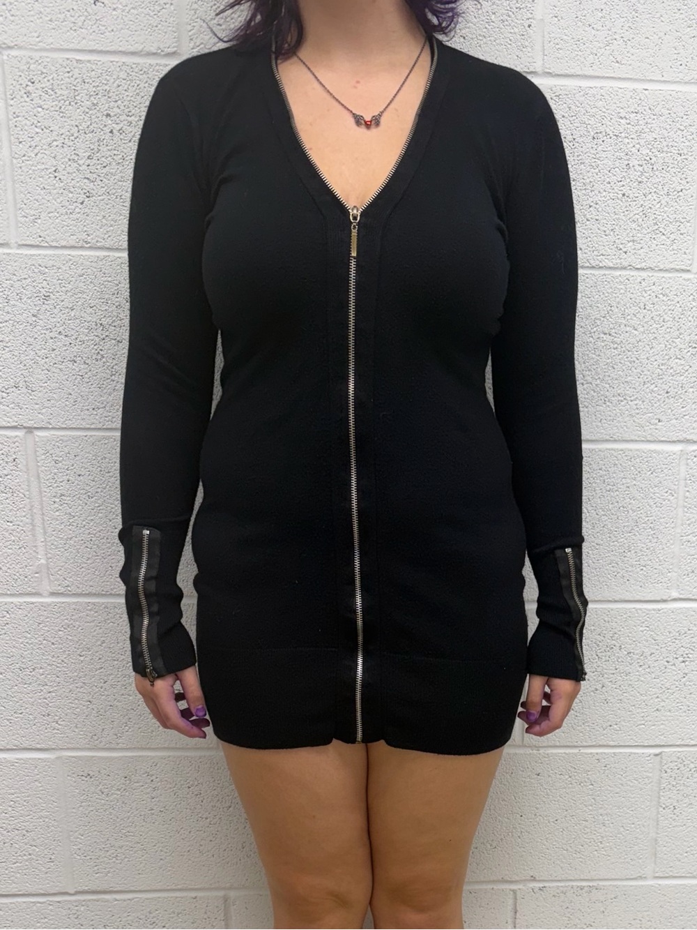 QED London Black Zip-Front Mini Dress with Silver zipper embellishment